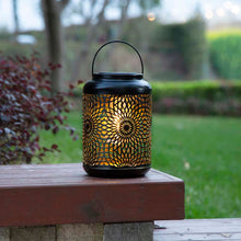 Load image into Gallery viewer, 8.75&quot;H Metal Cutout Solar Powered Outdoor Hanging Lantern
