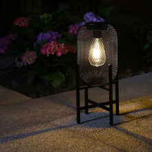 Load image into Gallery viewer, 14.25&quot;H Black Metal Mesh Solar Powered Outdoor Lantern with Stand
