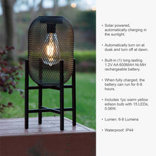 Load image into Gallery viewer, 14.25&quot;H Black Metal Mesh Solar Powered Outdoor Lantern with Stand
