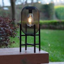 Load image into Gallery viewer, 14.25&quot;H Black Metal Mesh Solar Powered Outdoor Lantern with Stand
