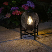 Load image into Gallery viewer, 11.5&quot;H Black Metal Mesh Solar Powered Outdoor Lantern with Stand
