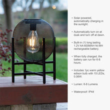 Load image into Gallery viewer, 11.5&quot;H Black Metal Mesh Solar Powered Outdoor Lantern with Stand
