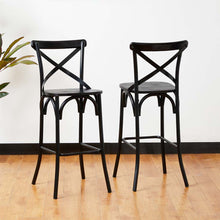 Load image into Gallery viewer, 43&quot;H Black Steel Bar Stool with X Shaped Back and Solid Elm Wood Seat, Set of 2
