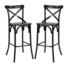 Load image into Gallery viewer, 43&quot;H Black Steel Bar Stool with X Shaped Back and Solid Elm Wood Seat, Set of 2
