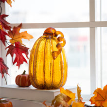 Load image into Gallery viewer, 9.06&quot;H Hand Blown Tall Amber Crackle Glass Pumpkin Decor
